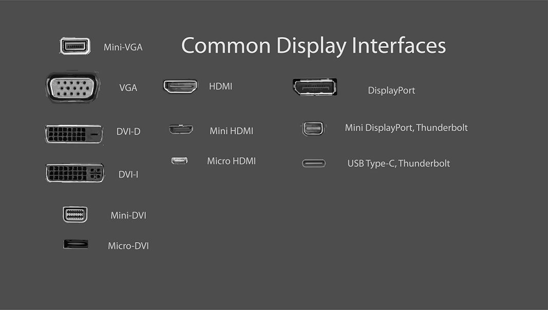 Types of Monitor Ports HDMI, VGA, DVI, USB TypeC, AV, NDI, SDI